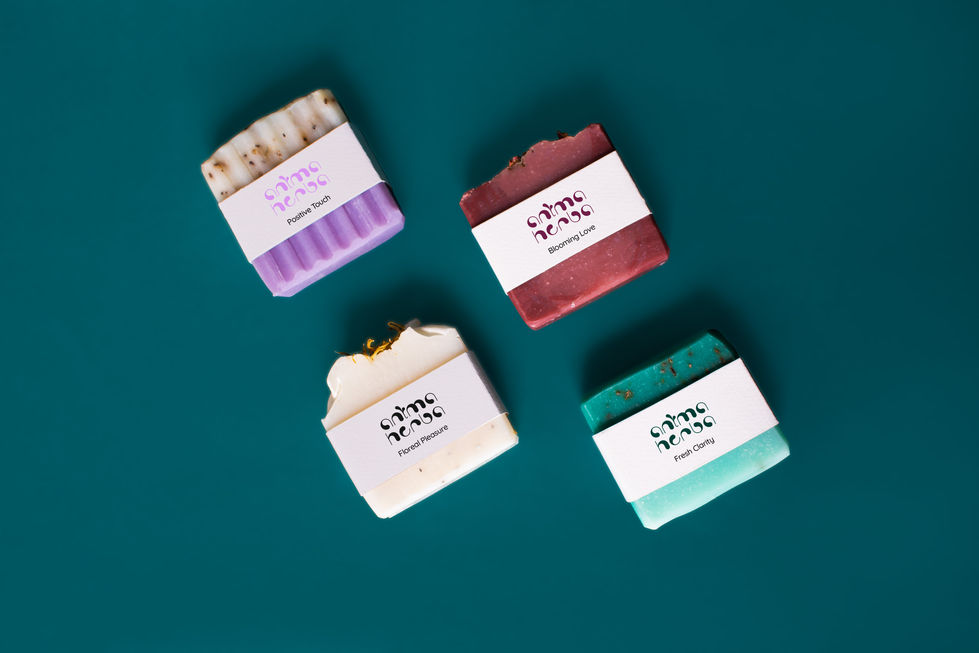 Four artisan soaps, labels and naming soaps