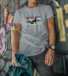 Man modeling sailboat graphic tee