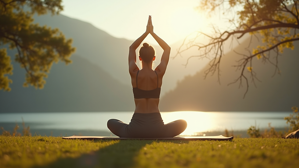 Eye-level view of a person practicing yoga in a serene outdoor setting