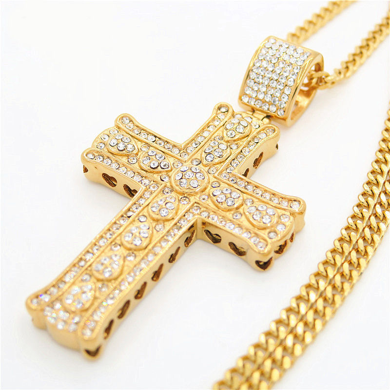 Thumbnail: Stainless Steel Gold Plated Regal Urban Cross with Rhinestones