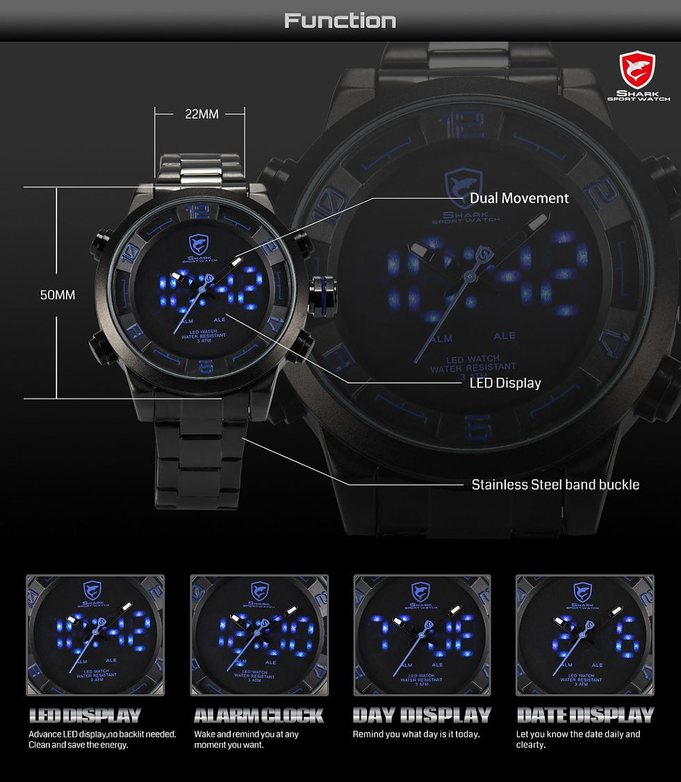 Thumbnail: Men's Water Resistant, Dual Movement, LED Display Graphic Watch, SHARK