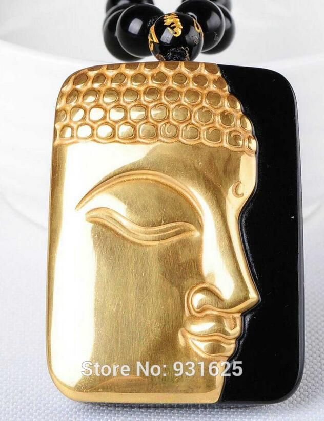 Thumbnail: Natural Obsidian Gold Plated Buddha Face Necklace (2 Styles)