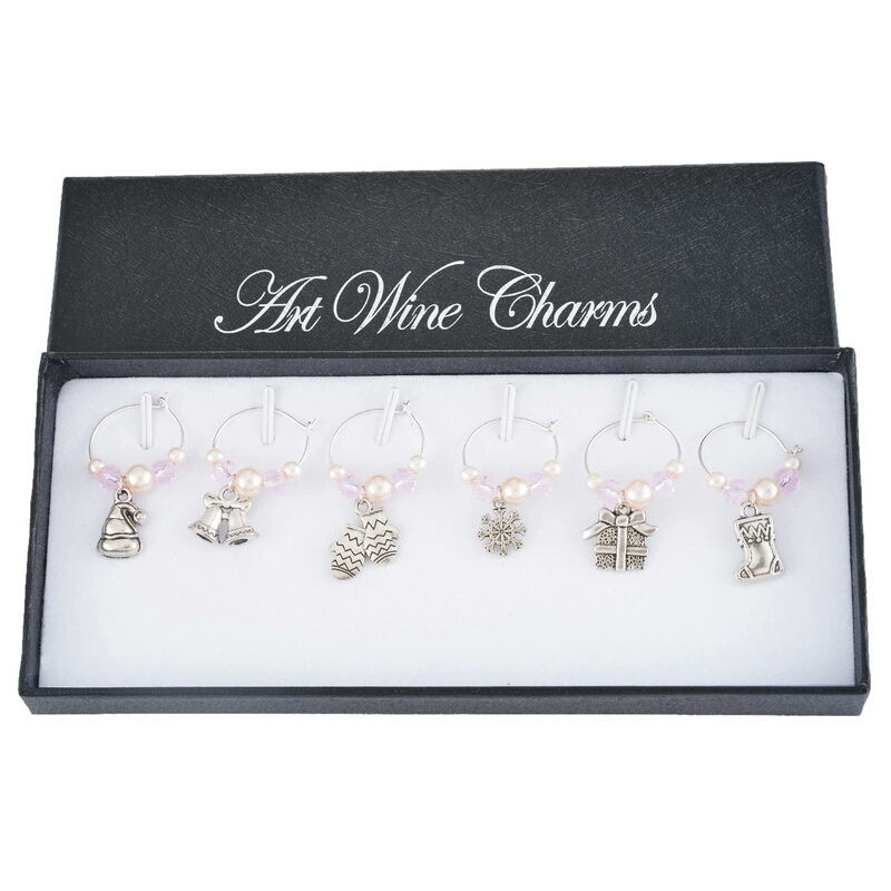 Thumbnail: White Christmas metal wine jewelry, 6 pcs. Santa, rudolph beer snow present