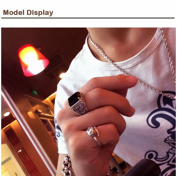 Thumbnail: Men's Solid Silver, Natural Obsidian, Laurel Signet Ring