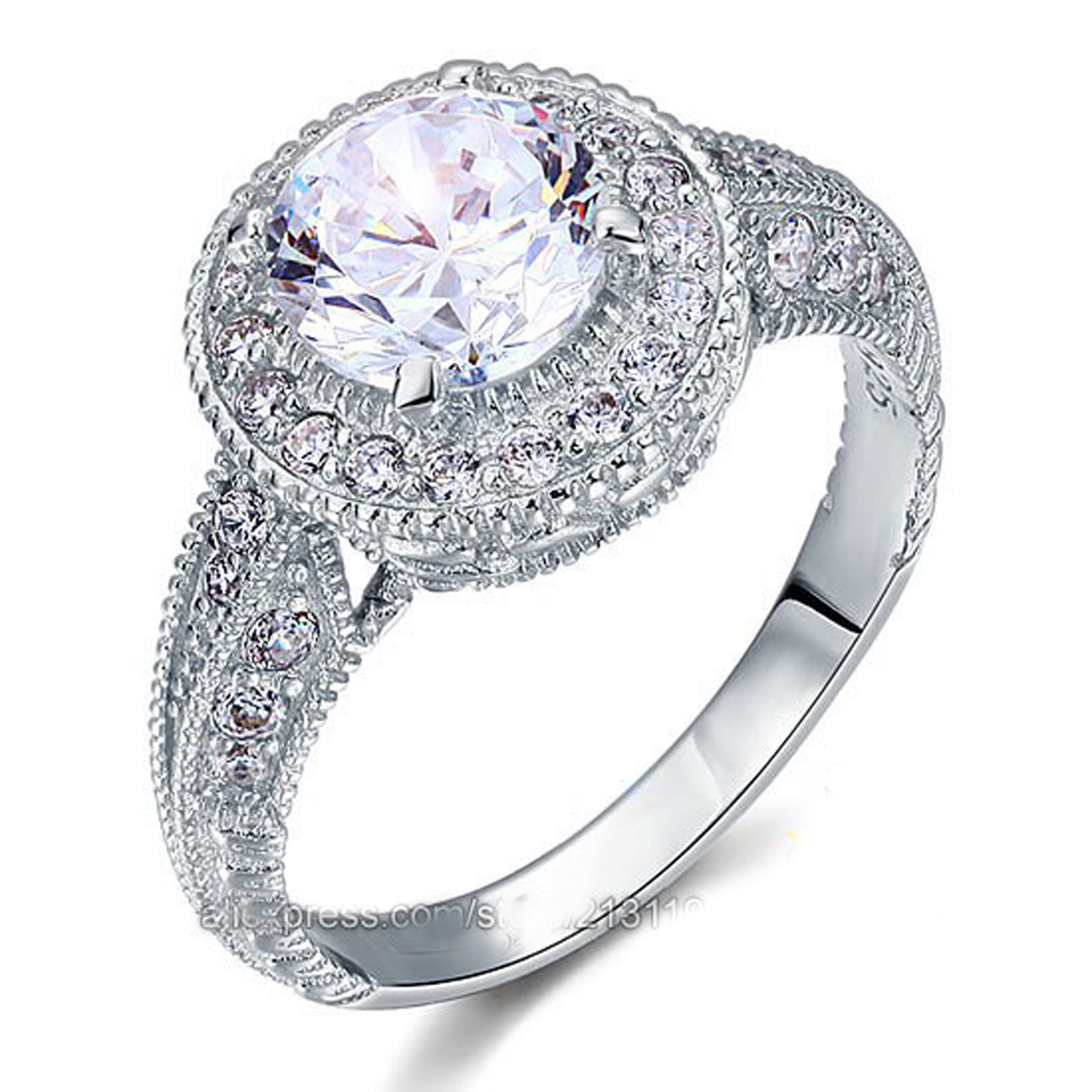 Solid Silver, 2 CT, Art Deco Round Vintage, Cubic Zirconia Wedding Ring