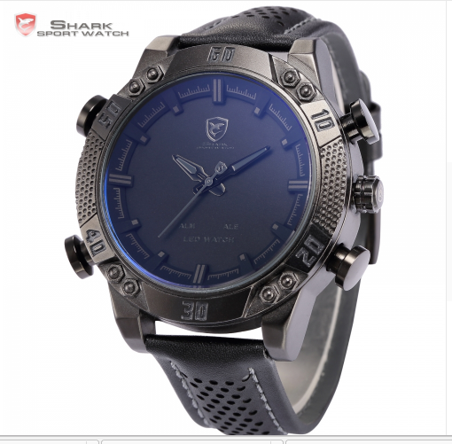 Thumbnail: Men's Water Resistant, 5 Colors, Leather, LED Display, Chronograph Watch, SHARK
