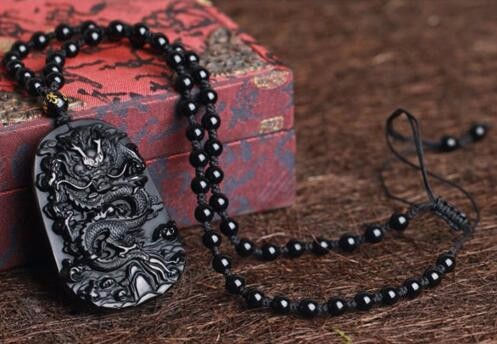 Thumbnail: Hand Carved, Genuine Obsidian, Lucky Dragon Necklace / Art