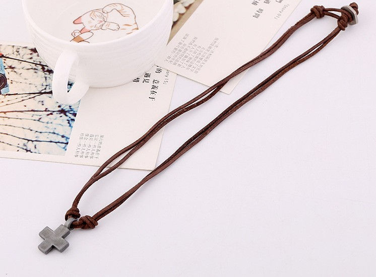 Thumbnail: Rugged Leather and Metal Cross Necklace