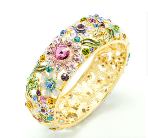 Thumbnail: Gold Plated, Austrian Crystal, Flower Bangle Bracelet, Mother's Day, Mom, Easter, Wedding, Bride, Flowers, Rose