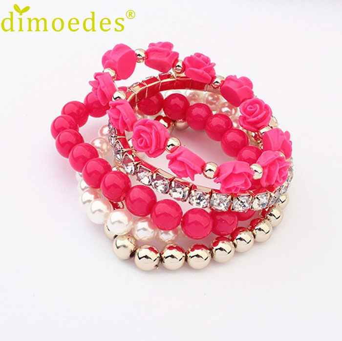 Thumbnail: 5 COLOR SETS, Set of 5 Faux Rose Jewel/Pearl Fashion Bracelets