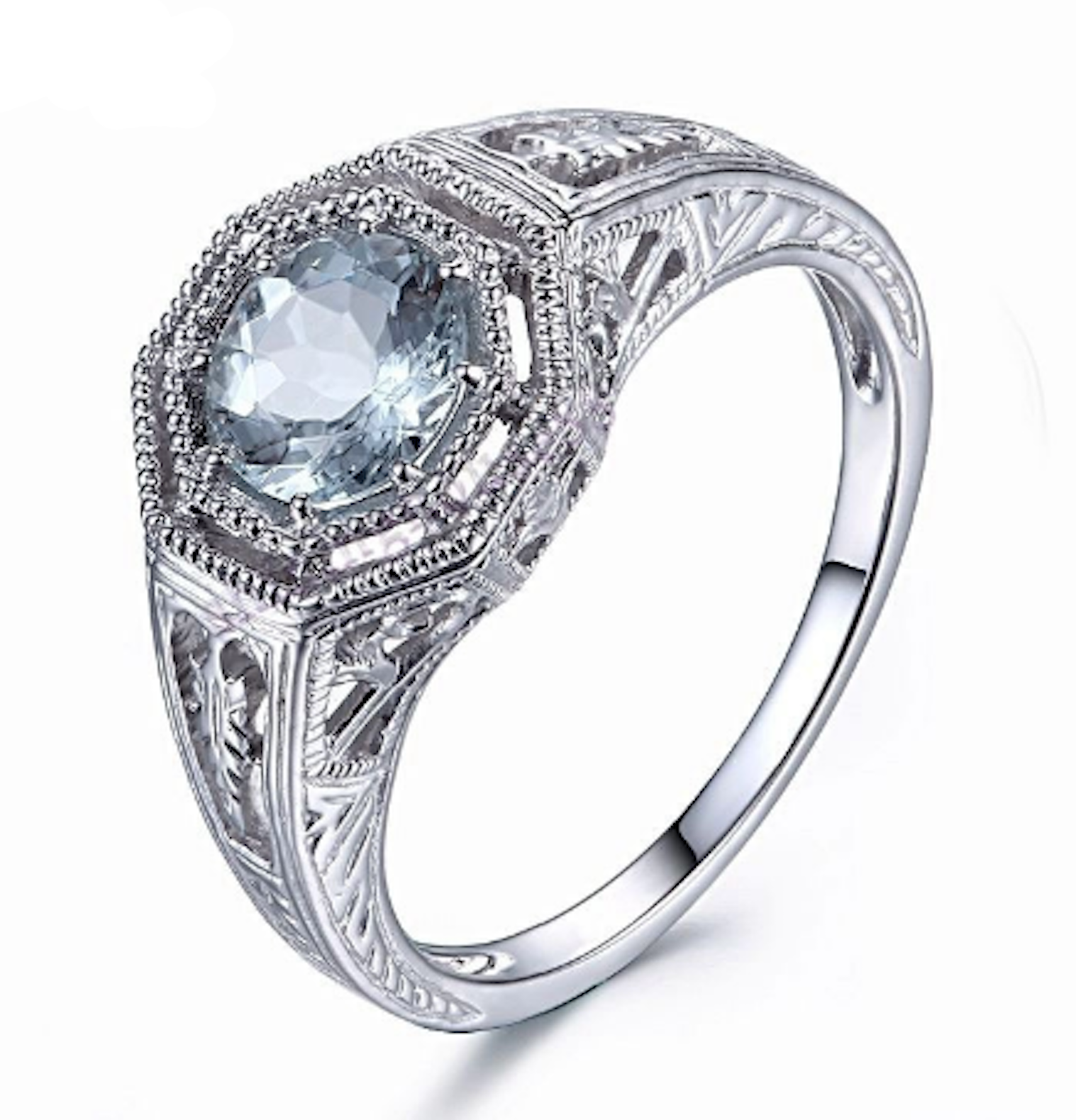 Genuine Aquamarine, 10K Solid White Gold Custom Art Deco Ring (March Birthstone)