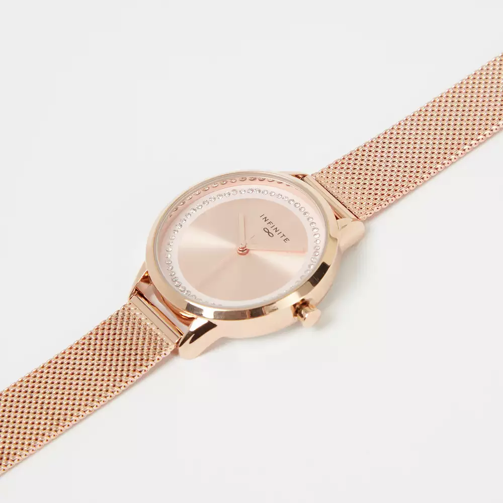 Rose Gold Diamante Mesh Strap Analogue Watch