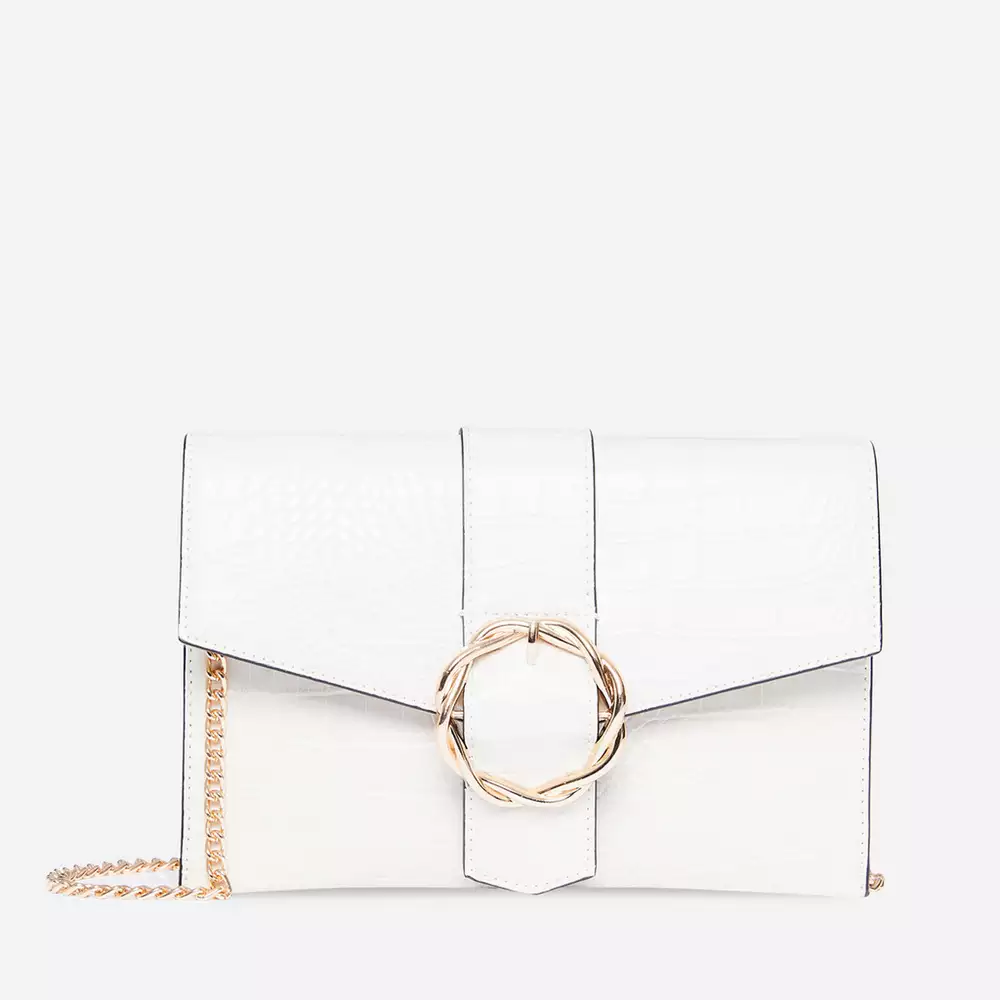 White crocodile design buckle detail cross body bag with internal zip pocket. He