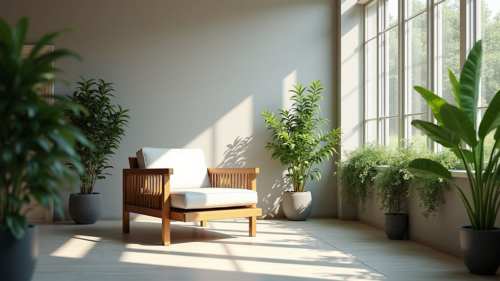 Vue en plongée d'un espace de détente au bureau avec plantes vertes et fauteuil confortable