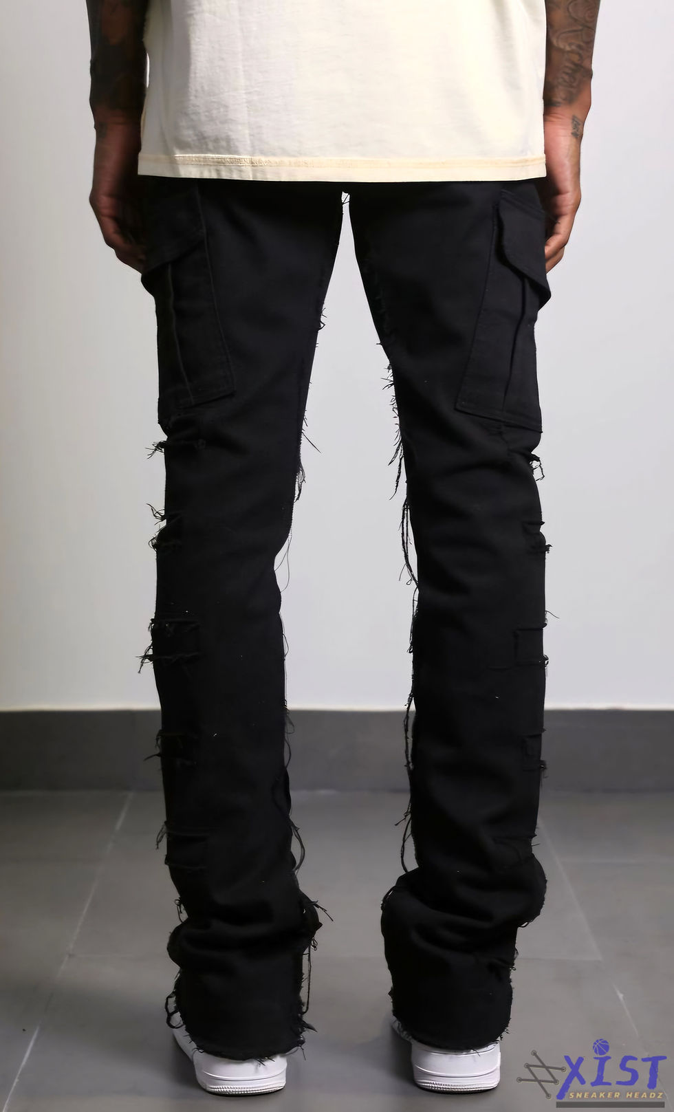 Thumbnail: AJENDA "SANTO" JETT BLACK STACKED PREMIER CARGO JEANS Pants