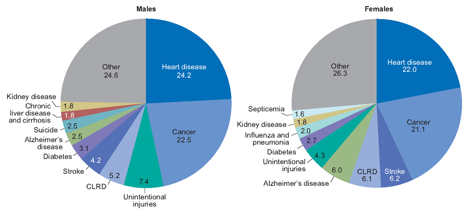 Percent distribution of 10 leading causes of death, USA (2016). From Centers for Disease Control. Heart disease the leading cause. In terms of risk management from outdoor activities, sharks are not a major cause.
