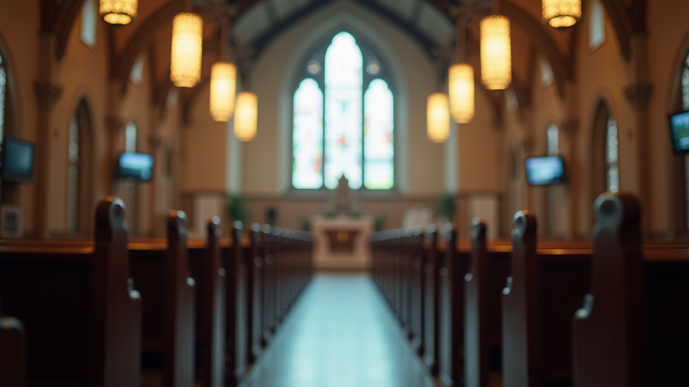 Eye-level view of a church interior with audiovisual equipment
