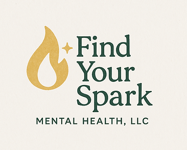 Logo for Find Your Spark Mental Health, LLC featuring a flame and spark.