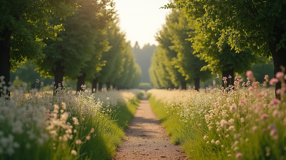 Weitwinkelaufnahme eines ruhigen Friedhofs mit Bäumen und Blumen