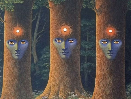 Tres árboles con rostros y un tercer ojo que señala a la respiración consciente