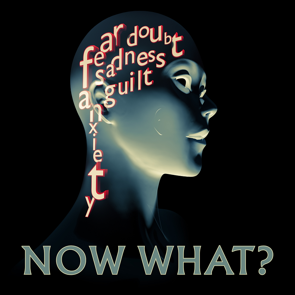 Head filled with stressful thoughts and the question ‘Now what?’ visualizing inner inquiry and how to do The Work (Byron Katie).