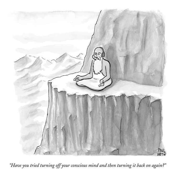 A New Yorker cartoon with a guru sitting in meditative position on a remote mountain wearing a headset saying: 'Have you tried turning off your conscious mind and then turning it back on again?'