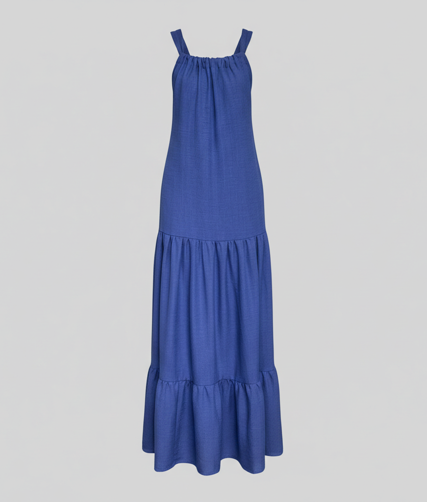 Blaues langes Maxikleid mit Trägern und fliessendem Rock