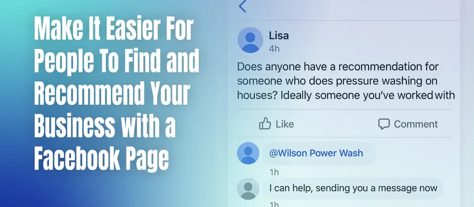 Facebook post asking for a pressure washing recommendation with replies tagging a business and offering help