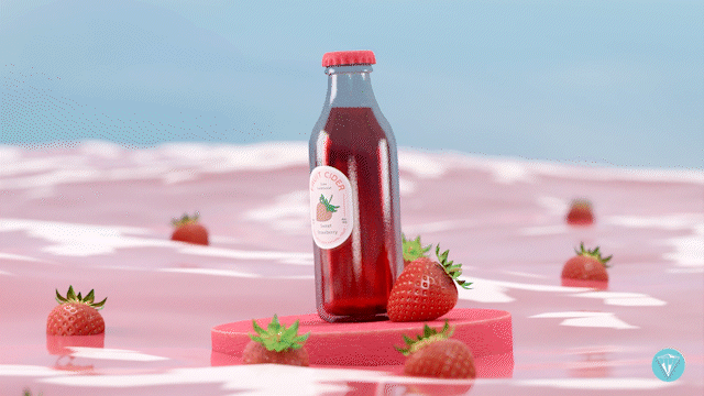 3D rendered video of fruit cider bottle in ocean with strawberries