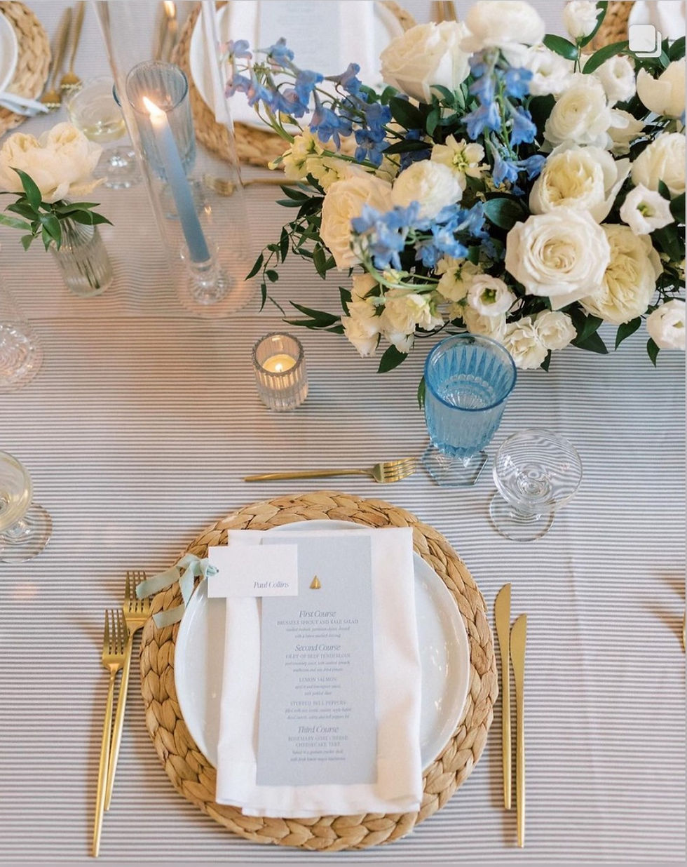 Thumbnail: Nantucket seersucker costal pinstripe head table rental near me in Grand Blanc, Traverse City Grand Rapids Michigan