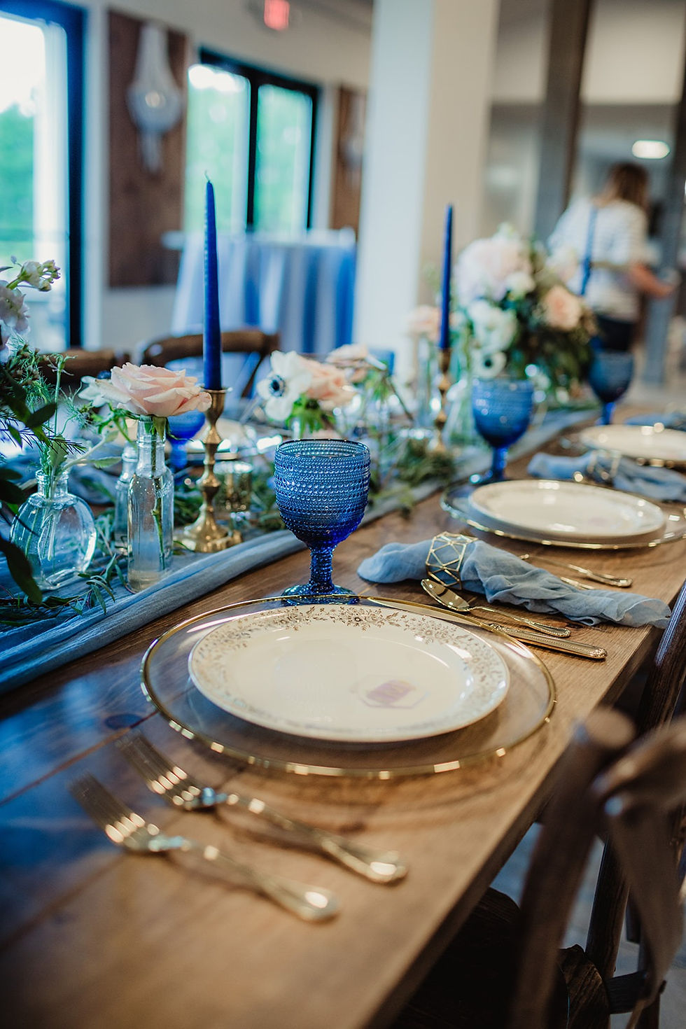 Thumbnail: dusty blue table runner, blue table decor rental, charlevoix, holland, fenton, birmingham, bloomfield, royal oak, waterford