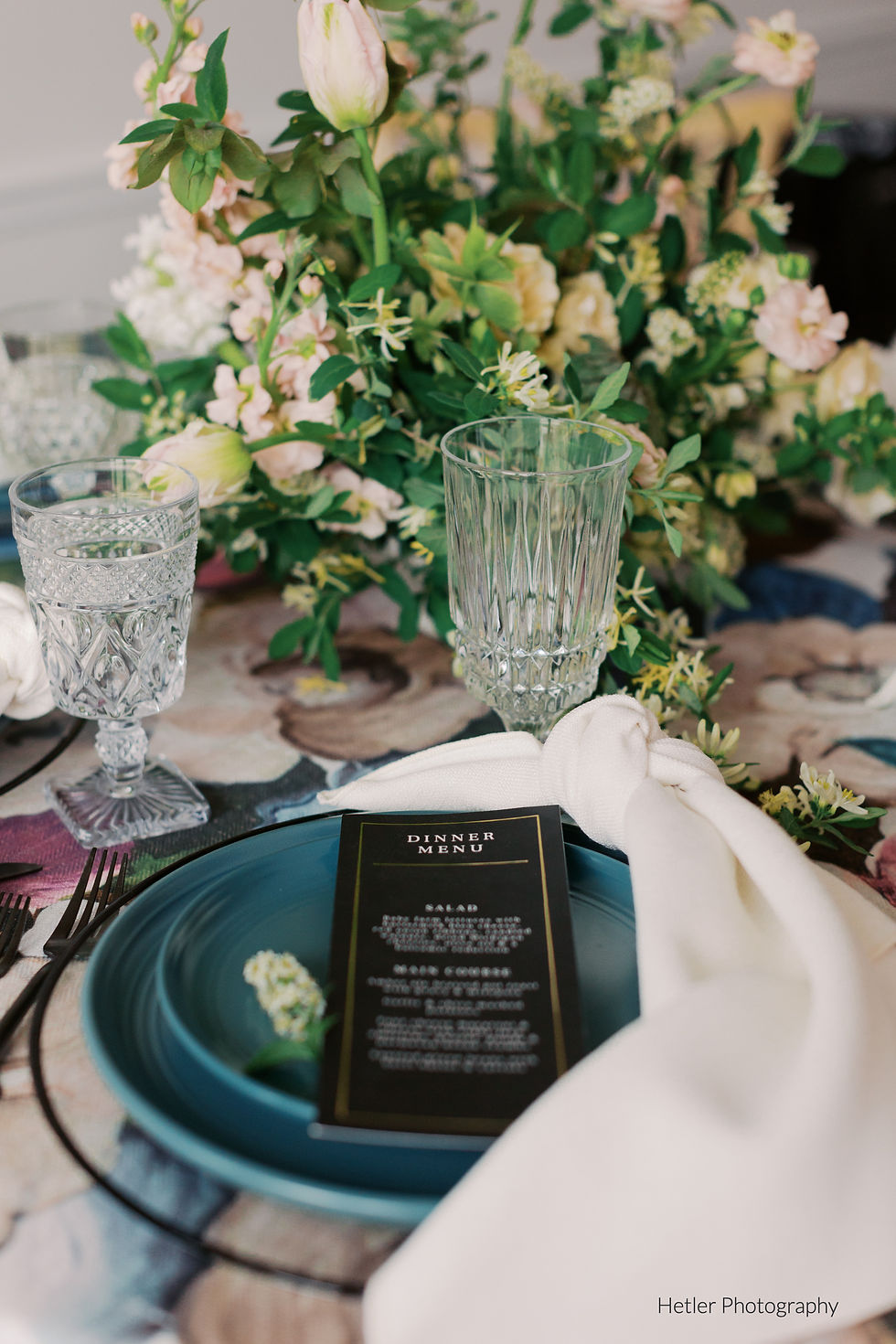 Thumbnail: Vintage water goblet for luxury event and wedding rental on floral garden tabletop in Michigan
