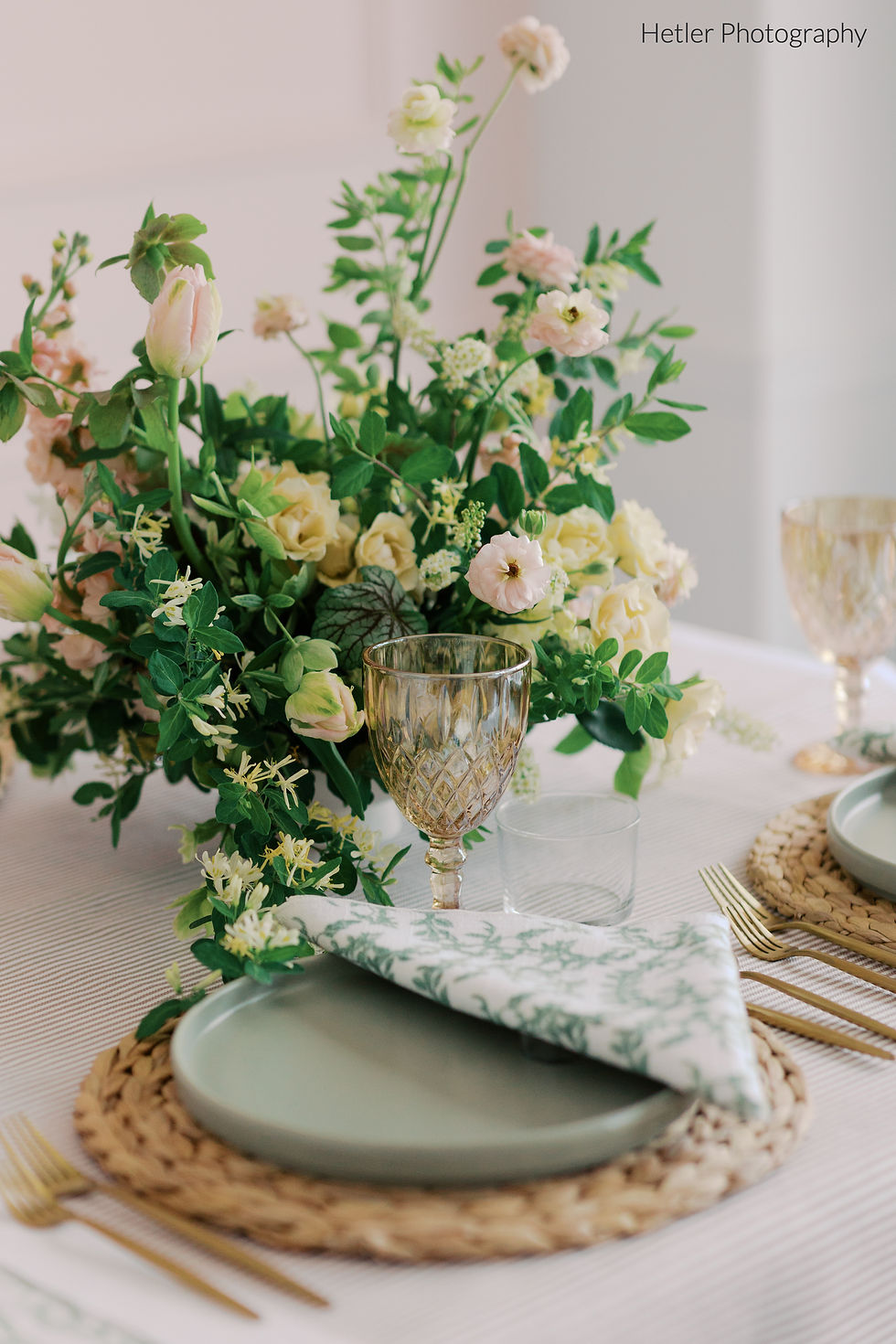 Thumbnail: Nantucket striped table linen set for wedding and Champagne golden luster glass goblet rental in Michigan