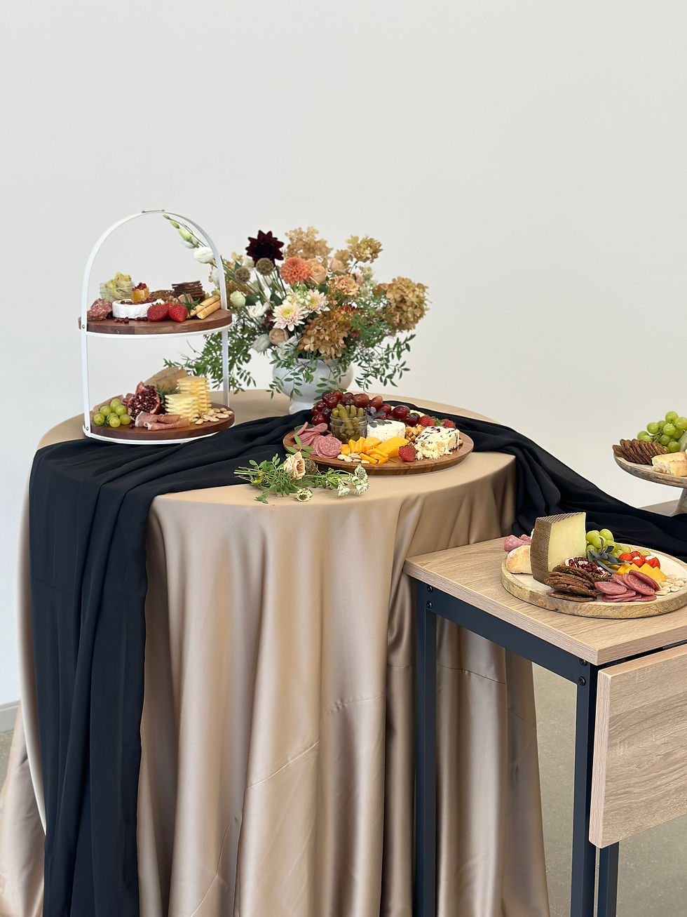 Thumbnail: Black Chiffon oversized table runner or charcuterie or cake display for rent