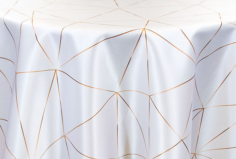 white off-white cream gold metallic geometric pattern shiny satin table linen tablecloth rental michigan event party wedding