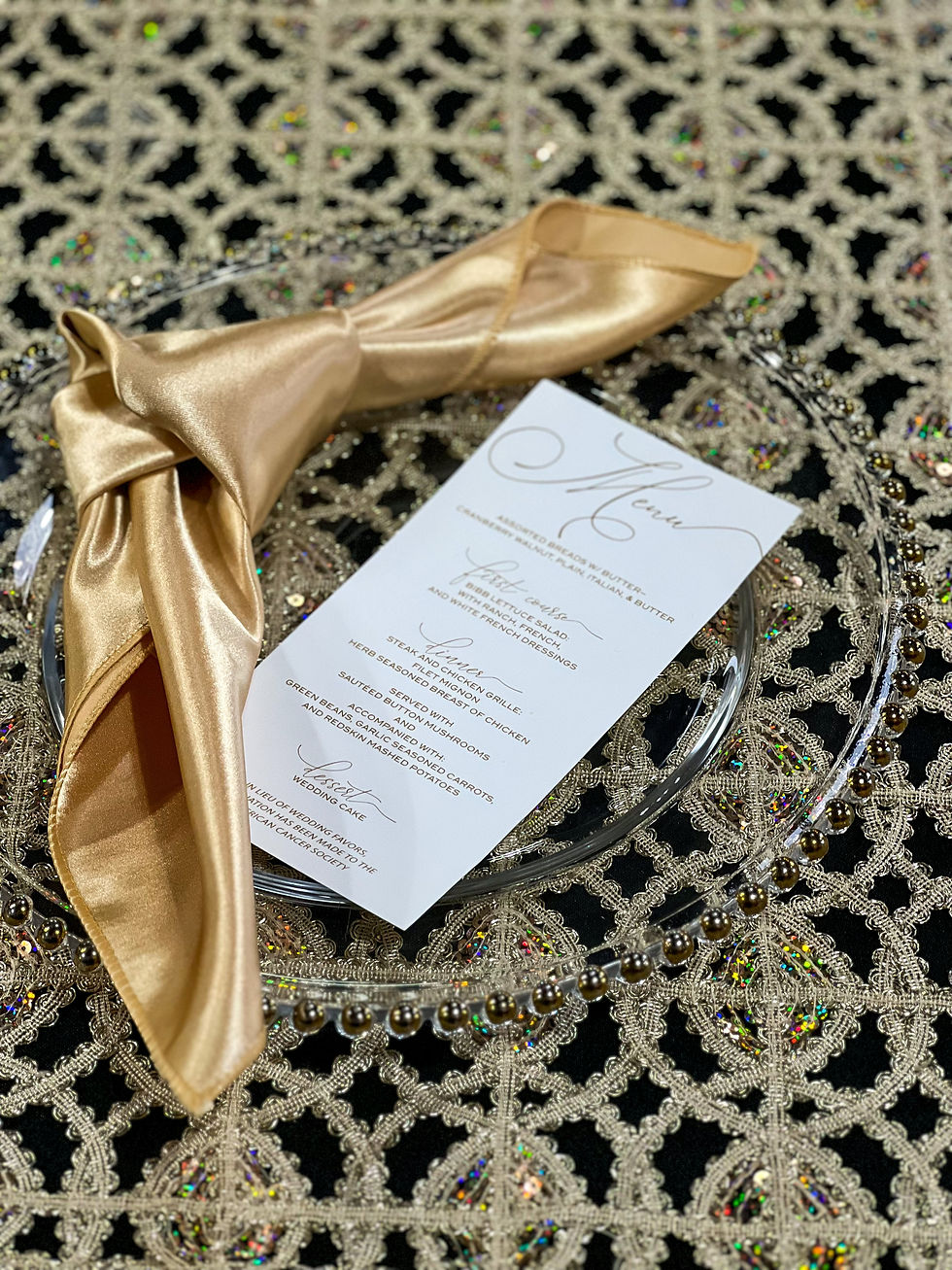 Thumbnail: party rentals chair rentals table rentals linen rentals gold linens sparkly linens bloomfield hills rockford traverse city