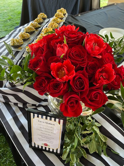 Thumbnail: Black and white stripe table linen rental at Blythefield Country Club