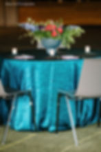 Teal blue turquoise iridescent crush table linen rental on corporate event table in Grand Rapids Michigan