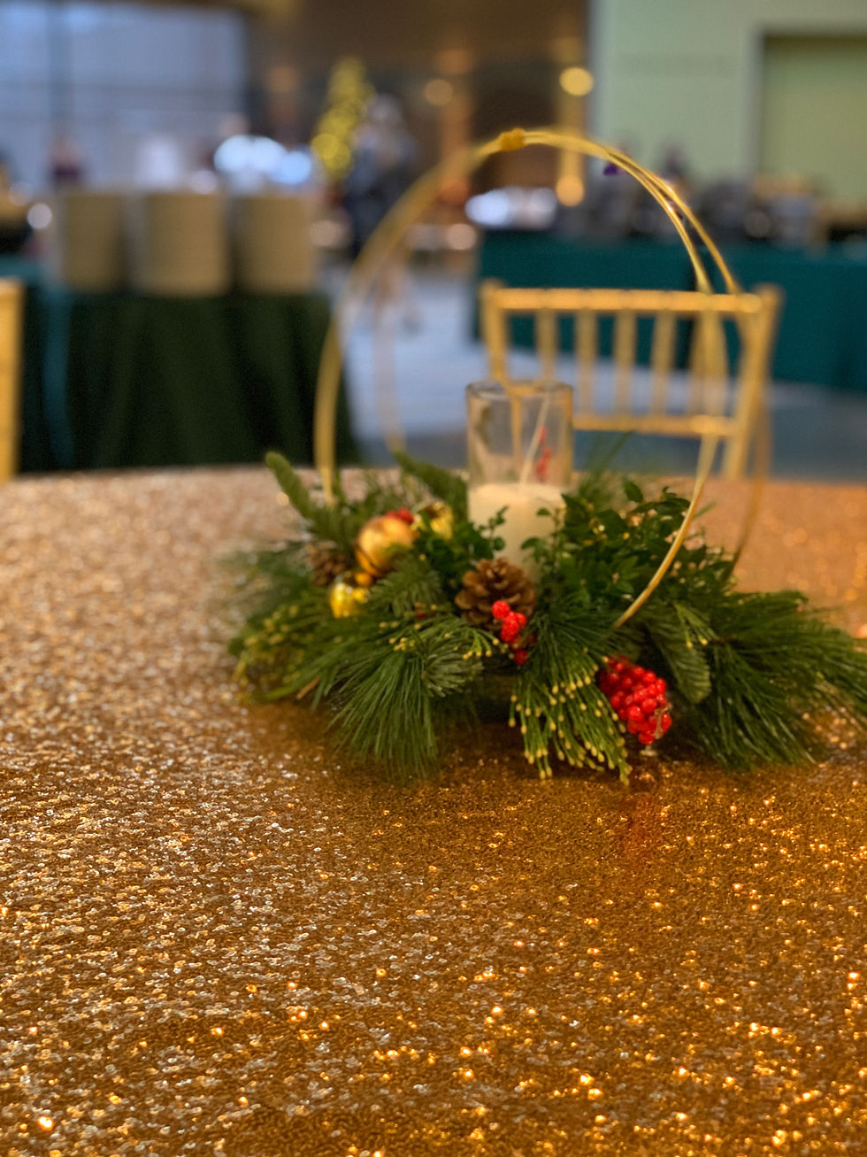 Thumbnail: DArk Gold sequin linen rental for holiday corporate party wedding head table near me in Frederik Meijer GardensGrand Rapids