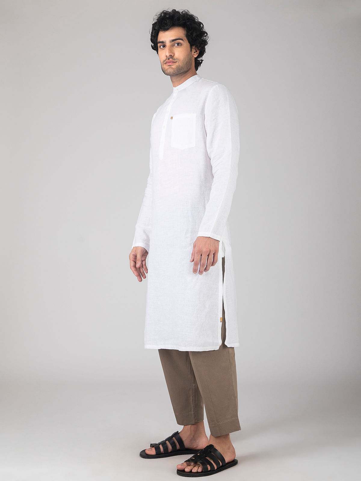 Slim Collar Basic Long Kurta | White Linen