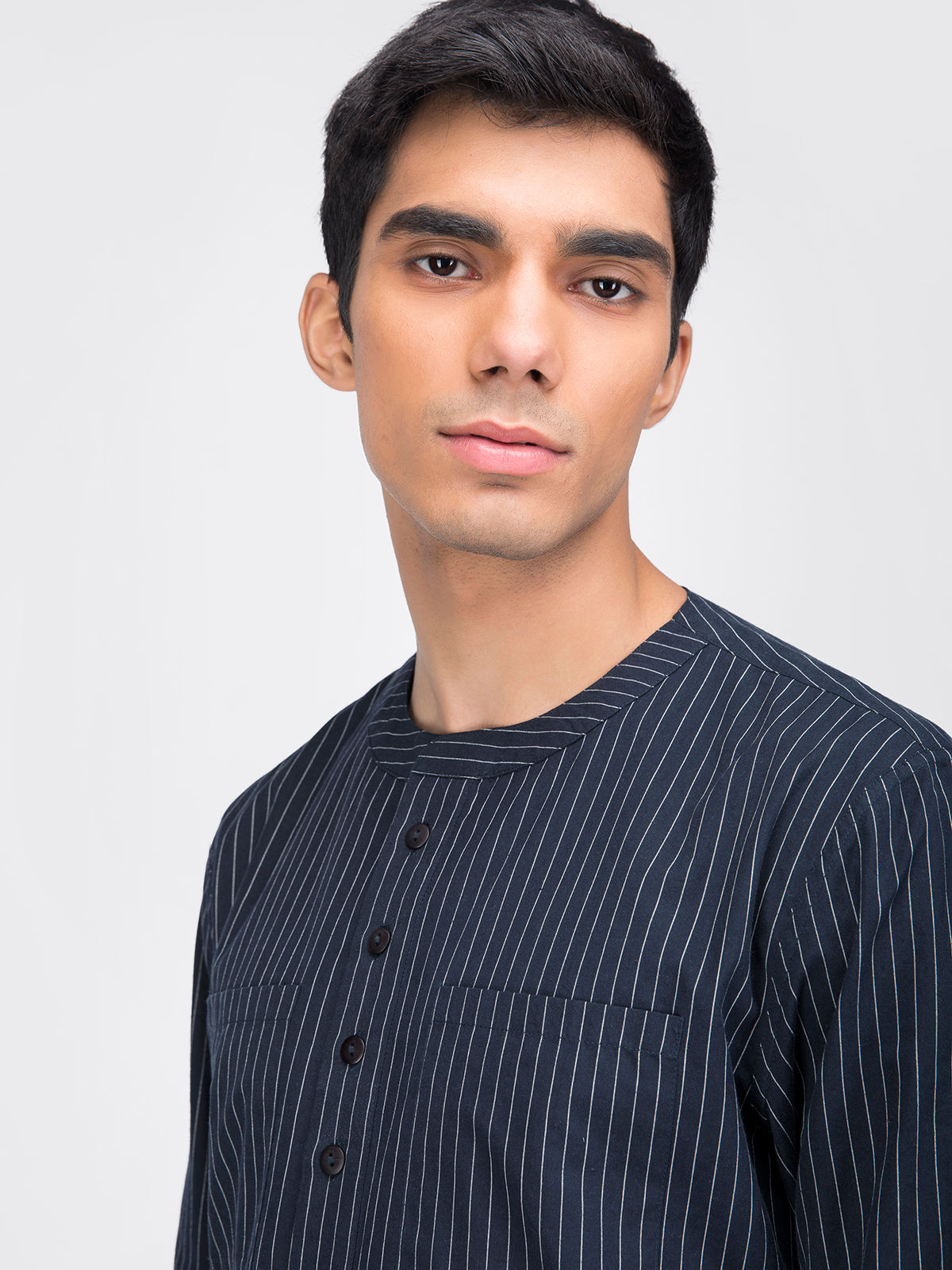 Pin Stripe Woven Henley Shirt