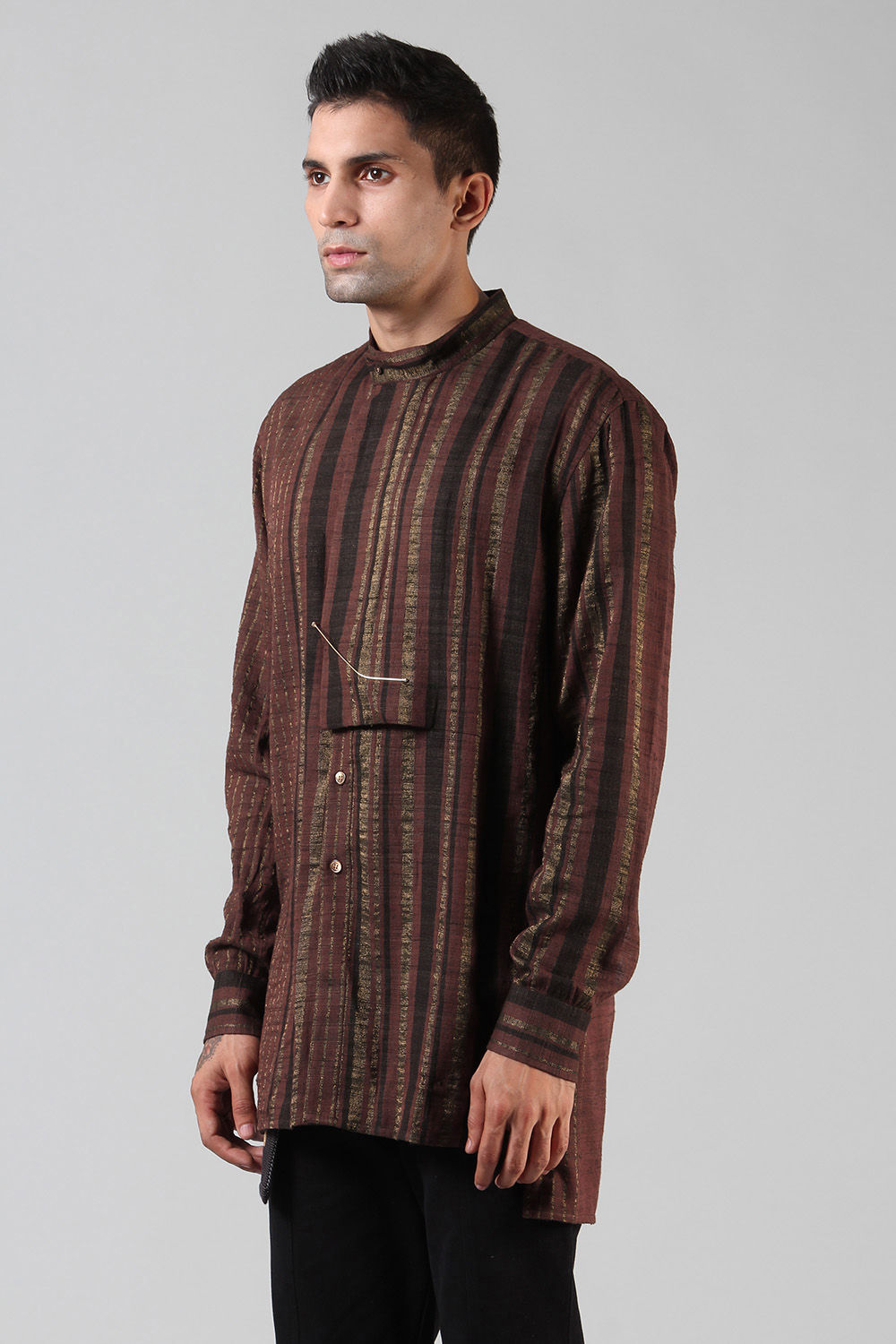 Chestnut Brown Embroidered Latitude Shirt | Ahimsa Silk Brocade