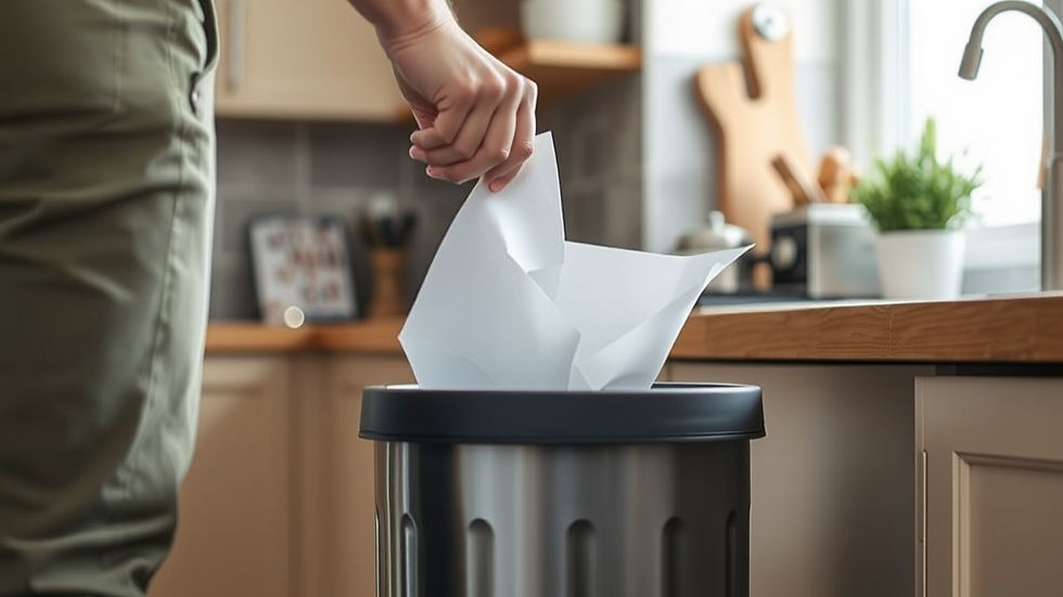 Individual throwing away paper into kitchen trash can