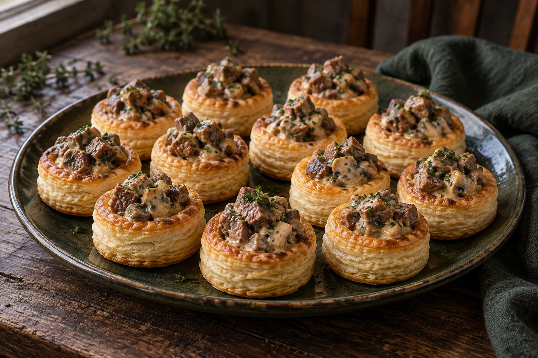 Golden vol-au-vents filled with wild venison steak and mushrooms in thyme cream sauce.