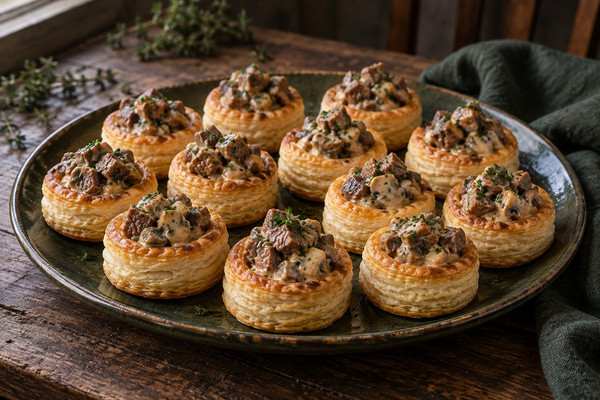 Golden vol-au-vents filled with wild venison steak and mushrooms in thyme cream sauce.