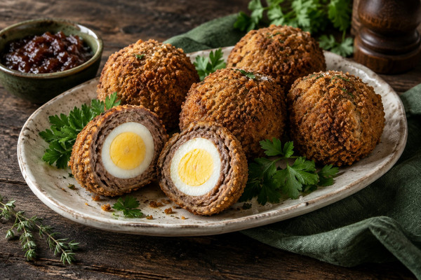 Golden wild venison Scotch eggs cut open to show firm yolks and cooked sausage.