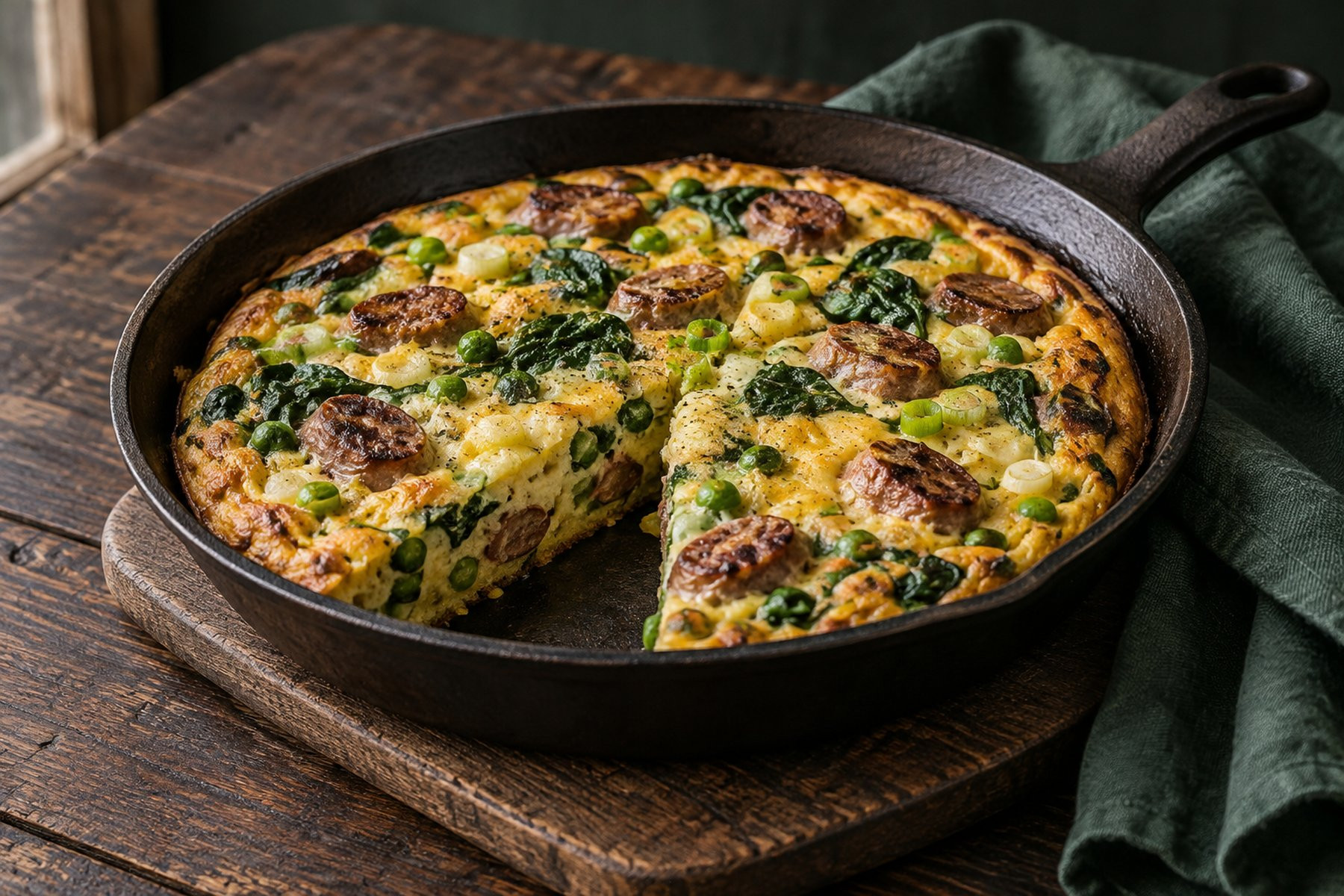 A thick golden frittata in a dark skillet with cooked venison sausage slices, spring onions, peas and spinach.