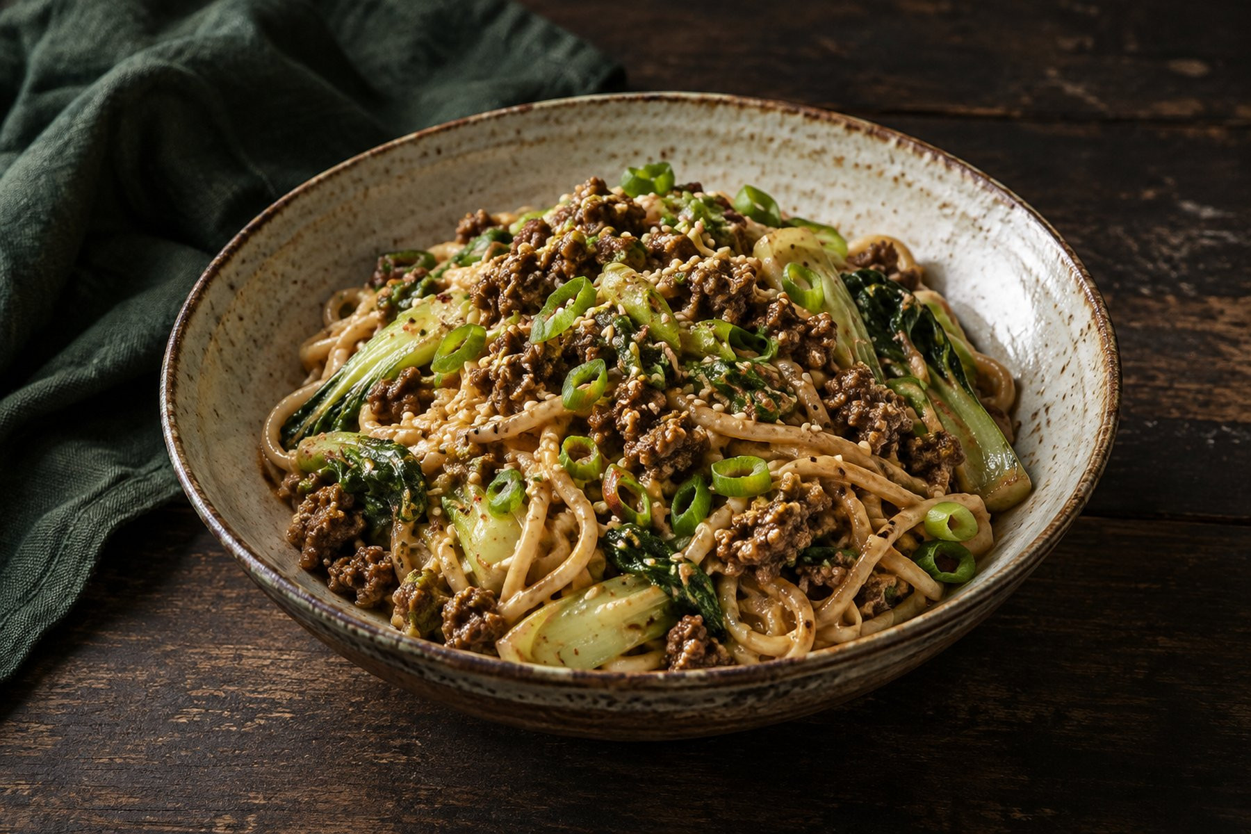 Noodles coated in a creamy sesame sauce with crumbly cooked venison mince, pak choi, spring onion and sesame seeds.