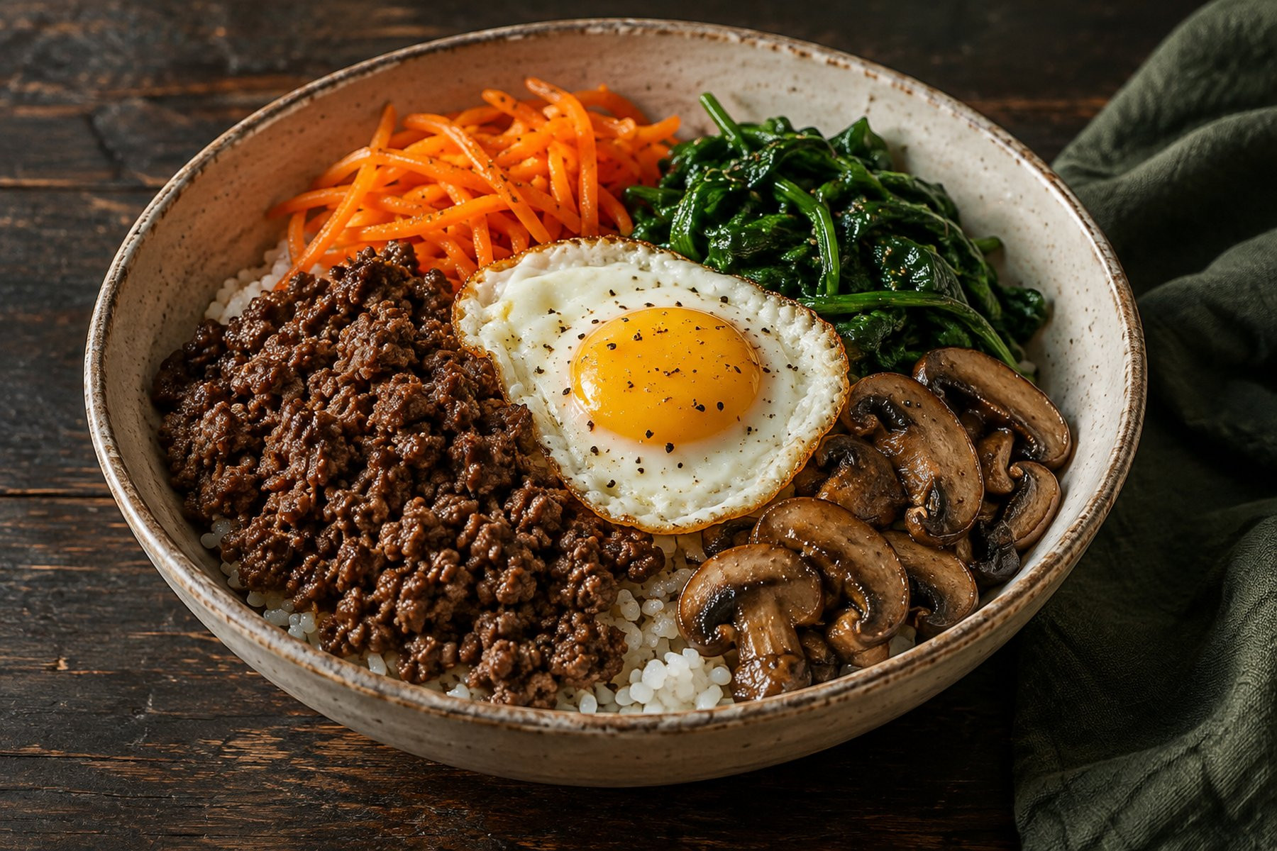 A rice bowl with separate sections of cooked venison mince, carrot, spinach, mushrooms and a fried egg with a set yolk.