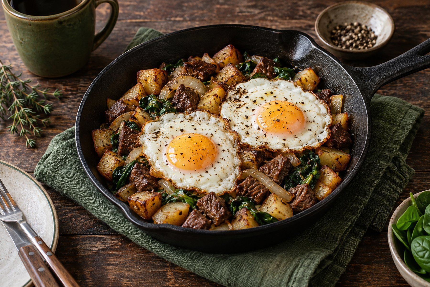 Wild venison and potato breakfast hash with spinach and two cooked eggs.